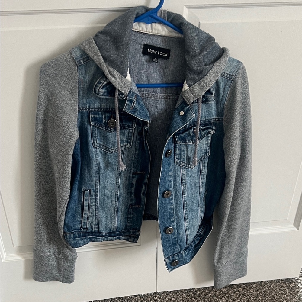 New Look Blue Denim Jacket with Gray Hooded Sweatshirt Sleeves
